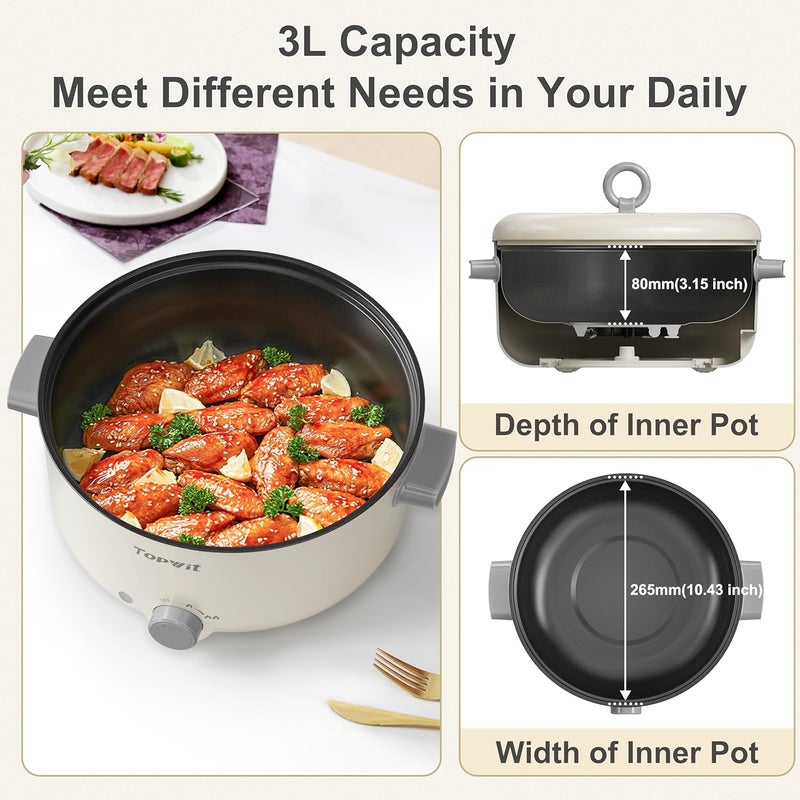 TopWit Electric Pot, 3L Hot Pot Electric, Rapid Noodles Cooker, Non-Stick Frying Pan, Multifunctional Electric Hot Pot for Steak, Egg, Ramen, Soup, Shabu Shabu Pot for Camping, RVs, Party, Beige - Image 2